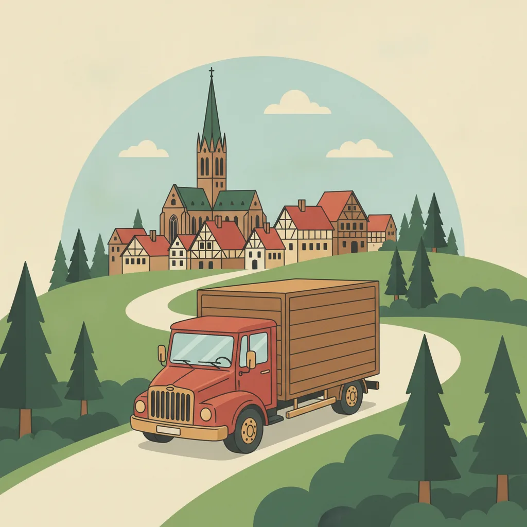 Flat-Illustration: roter Beiladungs-Transporter im Schwarzwald vor der Silhouette des Freiburger Münsters