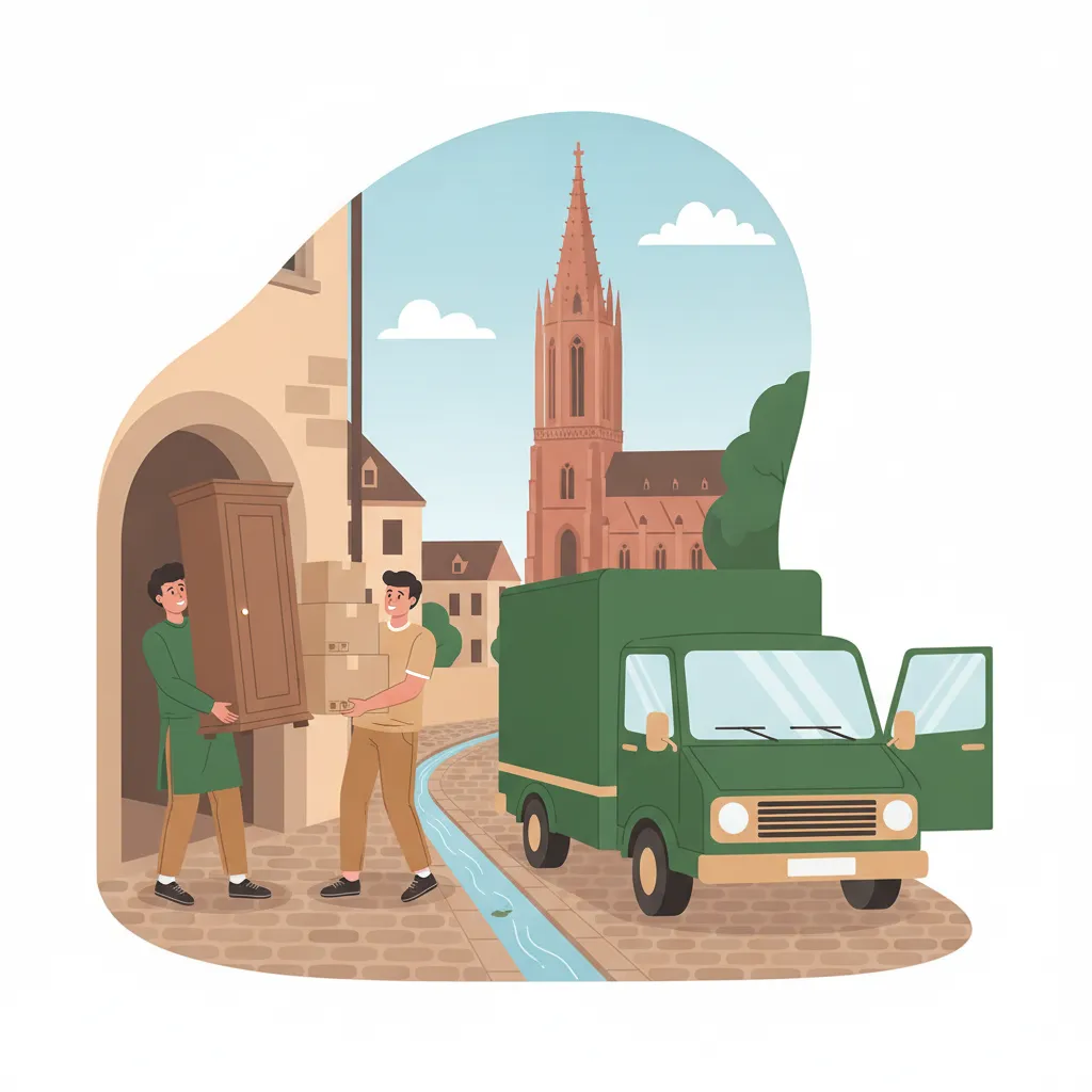 Comic-Illustration: zwei Helfer tragen Kartons und alte Möbel aus einem Freiburger Altbau zum offenen Transporter, im Hintergrund das Freiburger Münster und eine Altstadtgasse mit Bächle – Entrümpelung in Freiburg