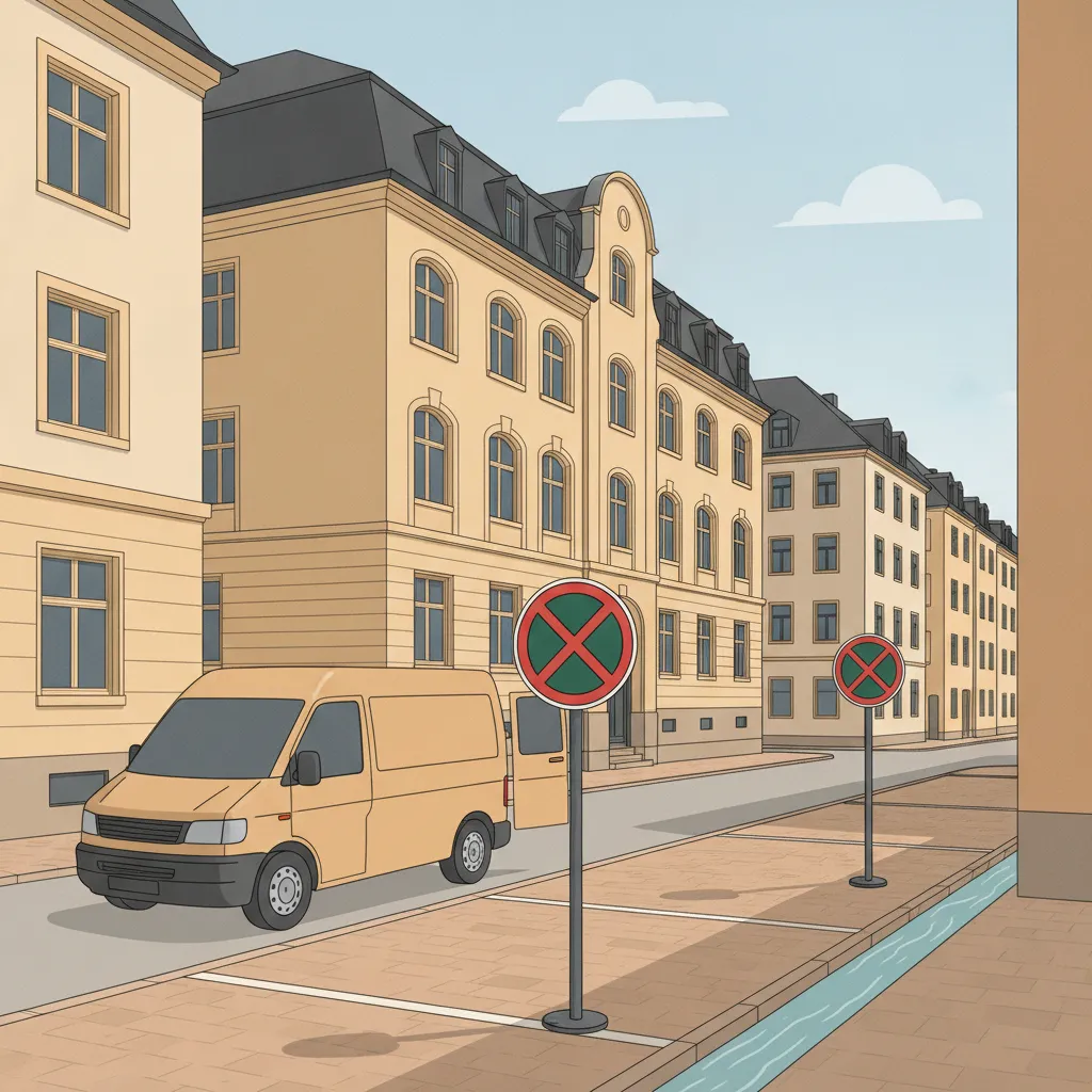 Comic-Illustration: zwei mobile Halteverbotsschilder mit freier Parklücke vor einem Freiburger Gründerzeit-Altbau, ein Transporter fährt heran – mobiles Halteverbot für den Umzug in Freiburg