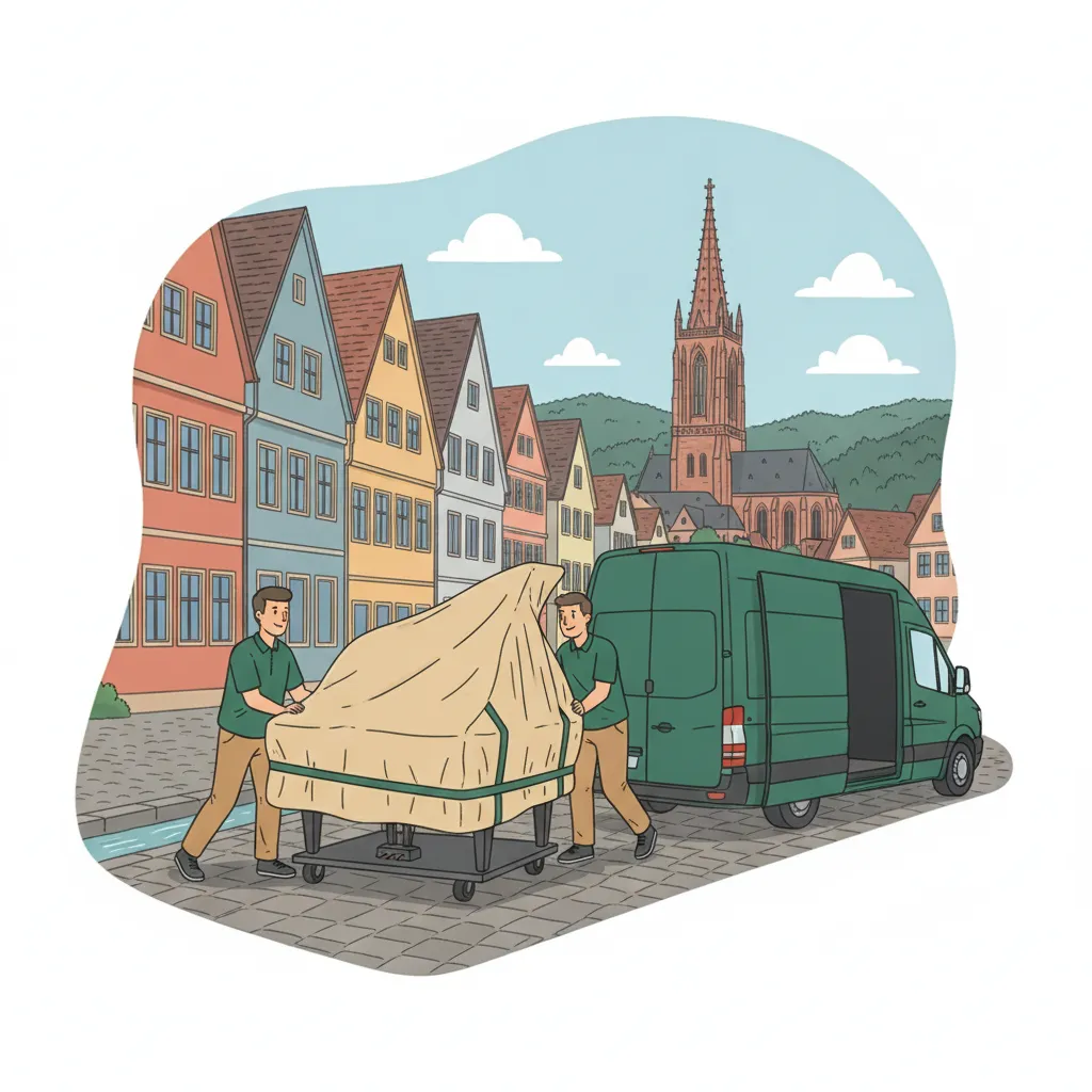 Comic-Illustration: zwei Träger bewegen ein gepolstertes Klavier auf einem Klavierroller zum Transporter vor einem Freiburger Altstadthaus mit Bächle – Klaviertransport in Freiburg