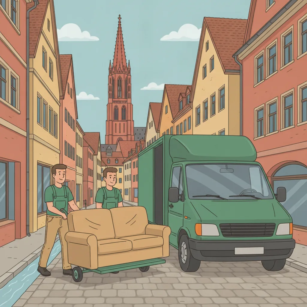 Comic-Illustration: zwei Träger schieben ein in Decken gepacktes Sofa auf einer Sackkarre zum Kastenwagen in einer engen Freiburger Altstadtgasse mit Bächle, im Hintergrund das Freiburger Münster – Kleintransport in Freiburg