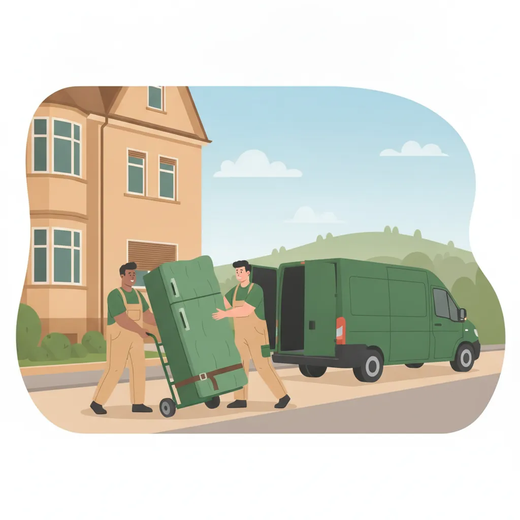 Comic-Illustration: zwei Träger bewegen einen stehend gesicherten Kühlschrank auf einer Sackkarre zum Transporter vor einem Freiburger Altbau in der Wiehre – Kühlschrank-Transport in Freiburg