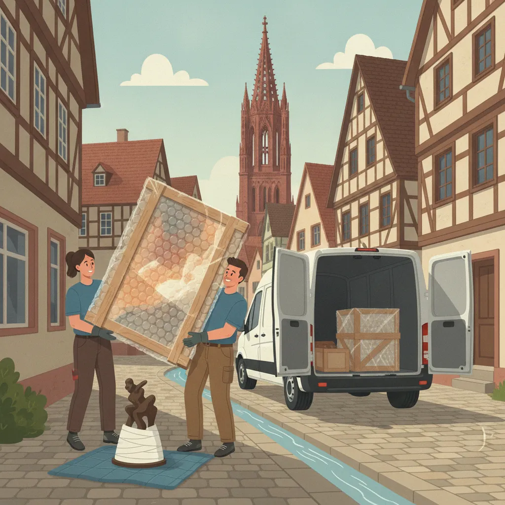 Comic-Illustration: zwei Träger tragen ein in Luftpolster und Holzkiste verpacktes gerahmtes Gemälde zu einem Transporter vor der Freiburger Altstadt mit Münsterturm – Kunsttransport in Freiburg