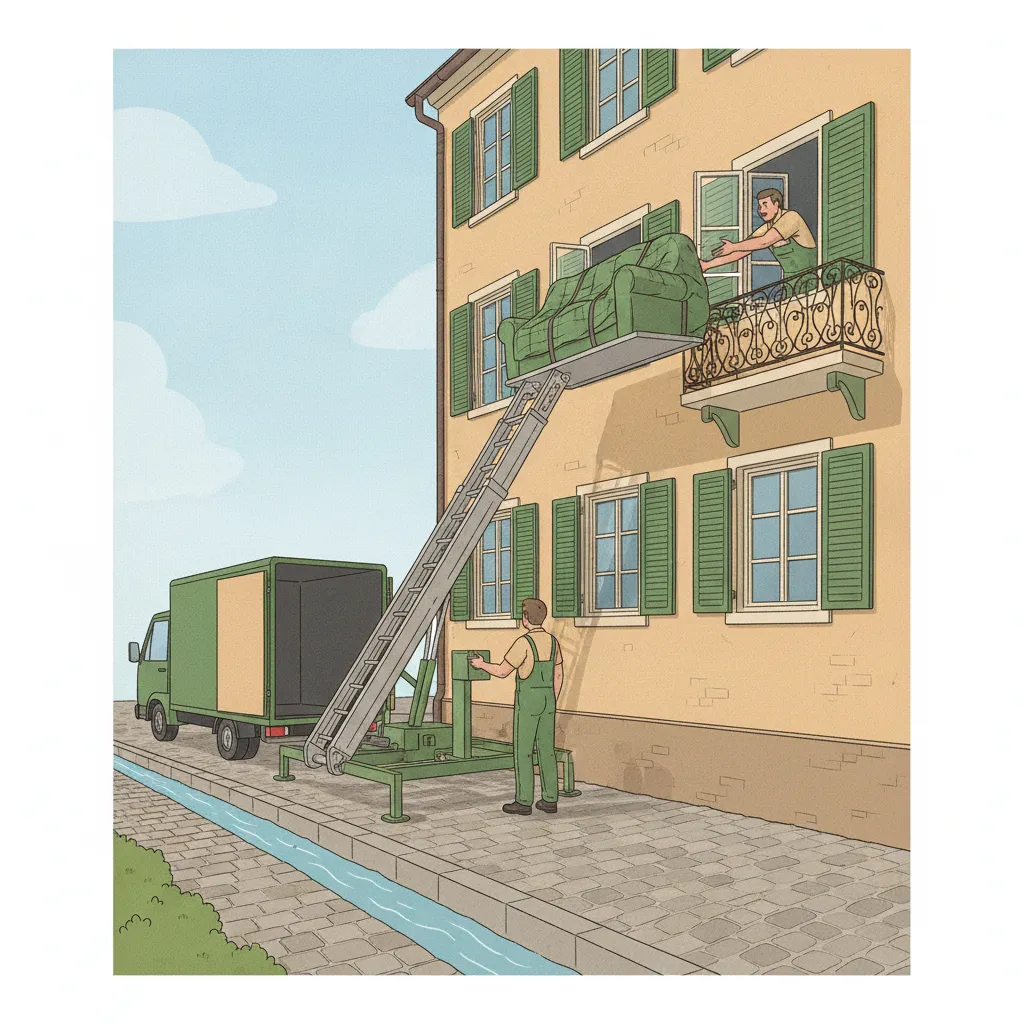 Comic-Illustration: ein schräg aufgestellter Möbellift hebt eine gepolsterte Couch an der Fassade eines Freiburger Altbaus hinauf zu einem geöffneten Fenster im oberen Stockwerk, ein Helfer am Boden sichert die Last – Möbellift mieten in Freiburg