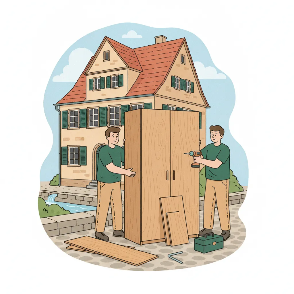 Comic-Illustration: zwei Monteure bauen einen Kleiderschrank vor einem Freiburger Altbau mit Bächle in der Straße auf – Möbelmontage in Freiburg