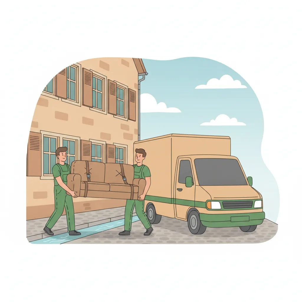 Comic-Illustration: zwei Träger laden ein gepolstertes Sofa in einen kompakten Transporter vor einem Freiburger Altstadthaus mit Bächle am Straßenrand – Möbeltaxi in Freiburg