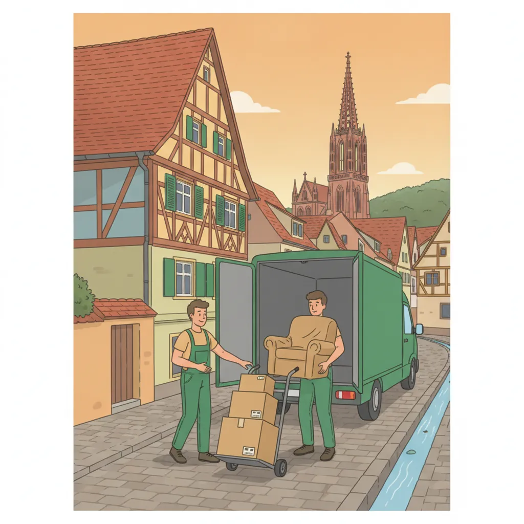 Comic-Illustration: zwei Träger schieben eine Sackkarre mit gestapelten Umzugskartons zu einem geschlossenen Transporter vor einem Freiburger Altstadthaus mit Bächle und dem Münsterturm im Hintergrund – Privatumzug in Freiburg