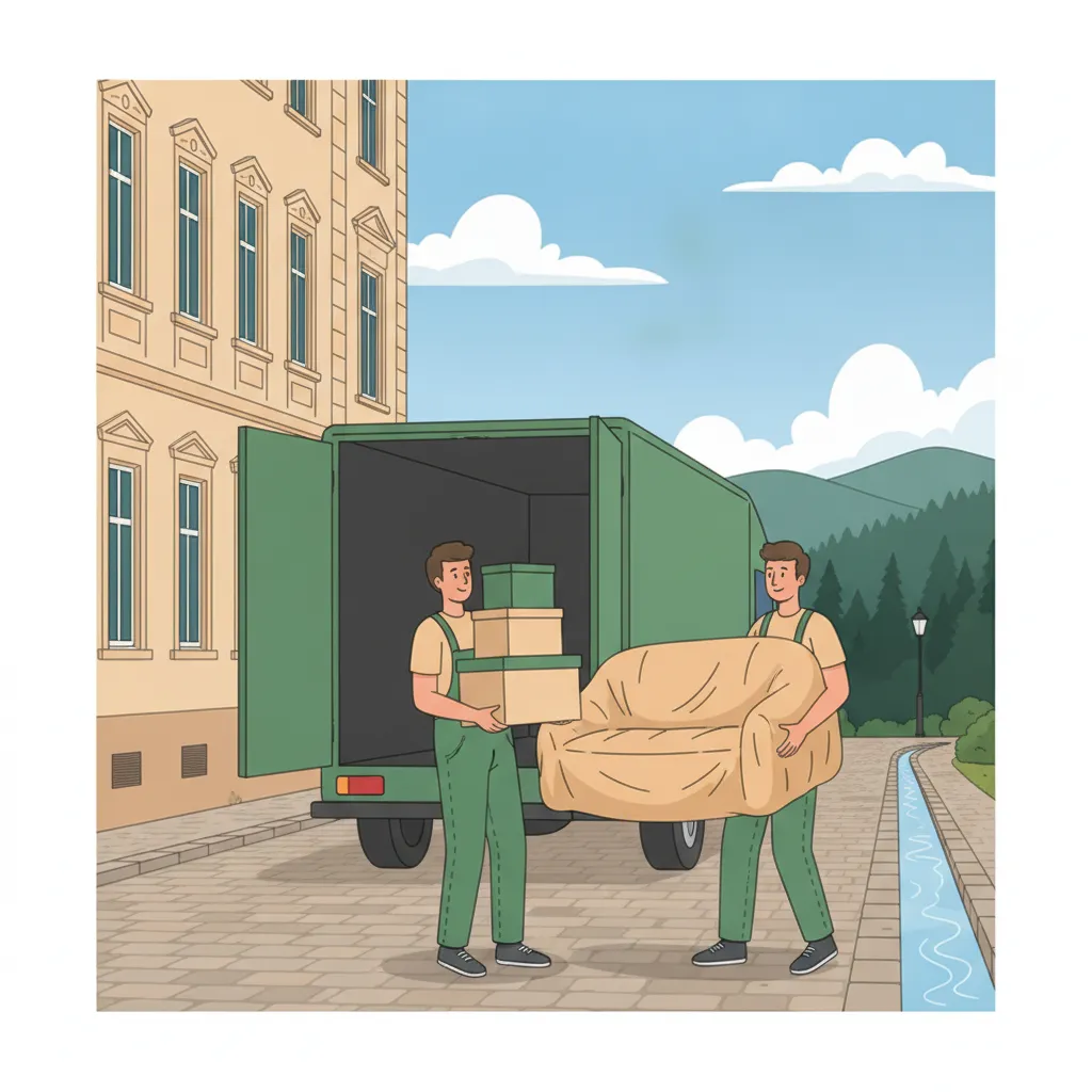 Comic-Illustration: zwei Träger verladen gepolsterte Umzugskartons und ein Sofa in einen geschlossenen Kastenwagen vor einem Freiburger Gründerzeit-Altbau in einer engen Gasse mit Bächle – Stadtumzug in Freiburg