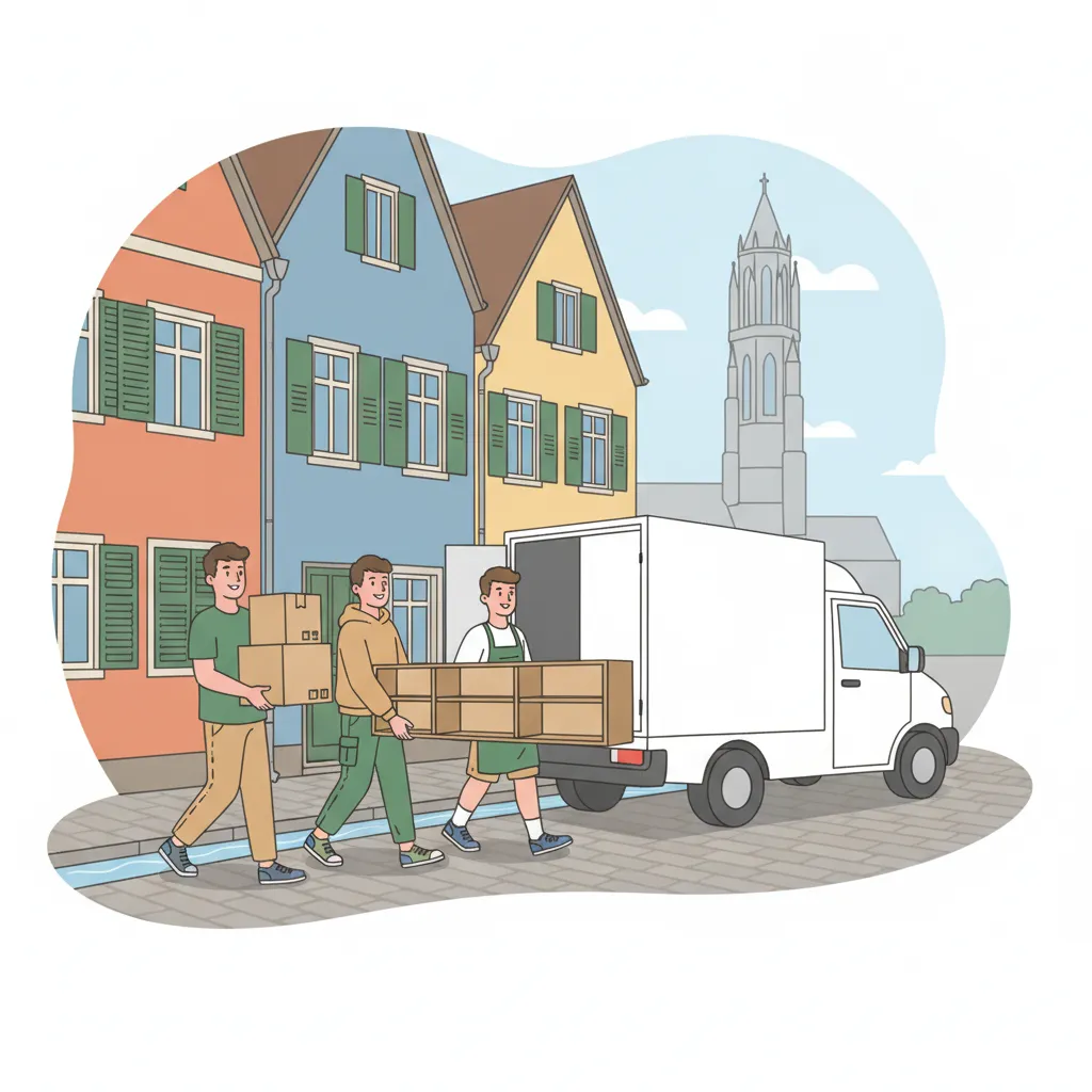 Comic-Illustration: drei junge Umzugshelfer tragen Umzugskartons und ein Bücherregal aus einem Freiburger Altbau-Wohnhaus zu einem Transporter, im Hintergrund eine enge Altstadtgasse mit Bächle – studentische Umzugshelfer in Freiburg