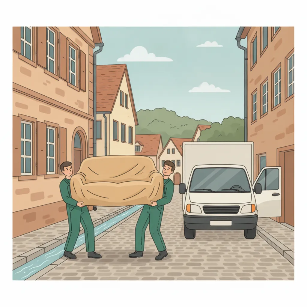 Comic-Illustration: zwei Träger heben gemeinsam ein gepolstertes Sofa über eine enge Altstadtgasse in einen offenen Transporter – Tragehilfe in Freiburg vor sandfarbenen Altbaufassaden mit Bächle