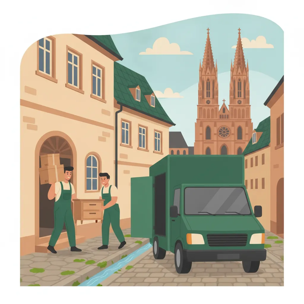 Comic-Illustration: zwei Umzugshelfer in Arbeitskleidung tragen gemeinsam einen Karton und eine Kommode aus einem Freiburger Altstadthaus zum Transporter, im Hintergrund ein Bächle und die Türme des Freiburger Münsters – Umzugshelfer in Freiburg