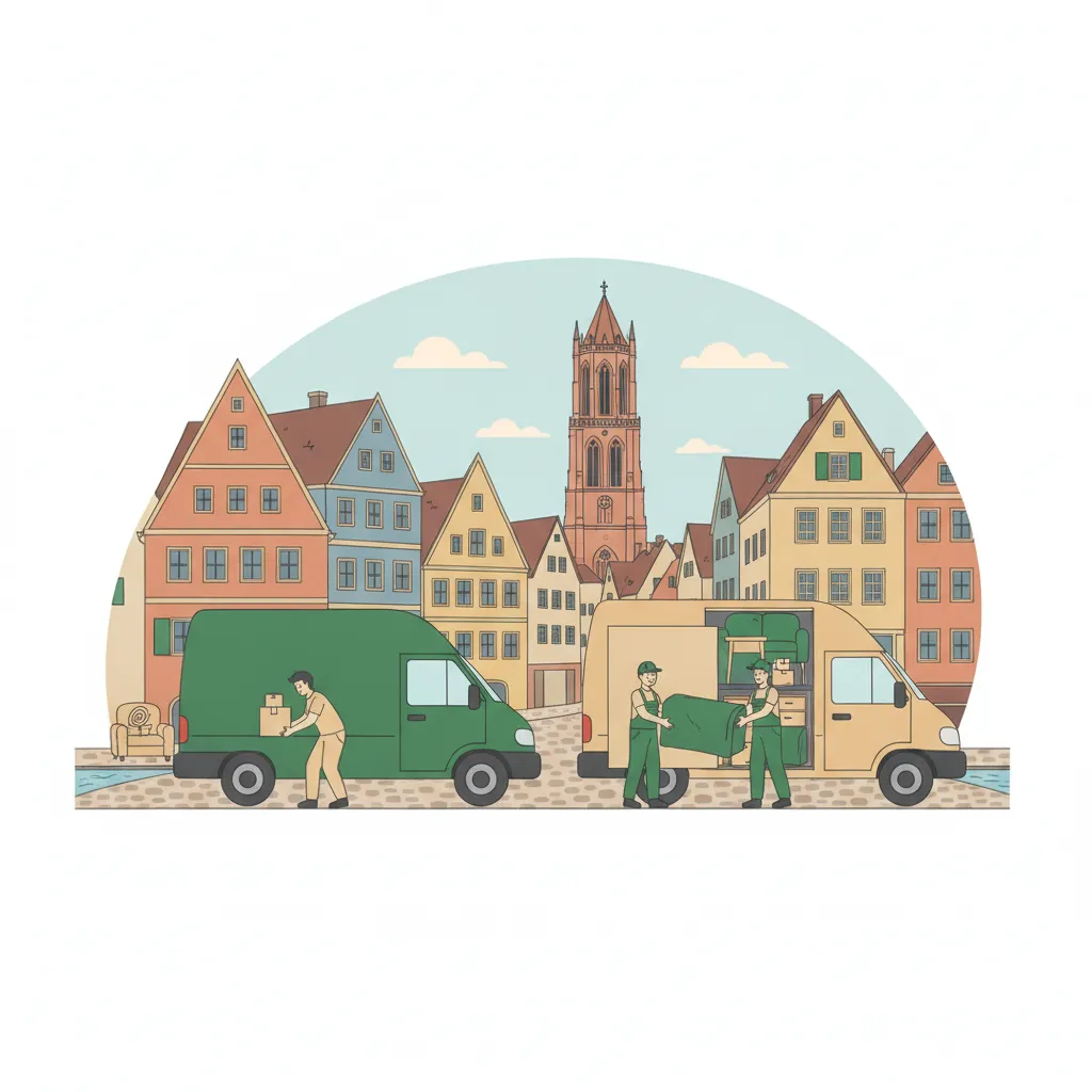 Comic-Illustration: ein gemieteter Kastenwagen und daneben ein Beiladungs-Transporter mit Möbeln auf gemeinsamer Tour vor einer Freiburger Altstadtgasse mit Bächle und Münsterturm – Umzugswagen mieten oder Beiladung in Freiburg