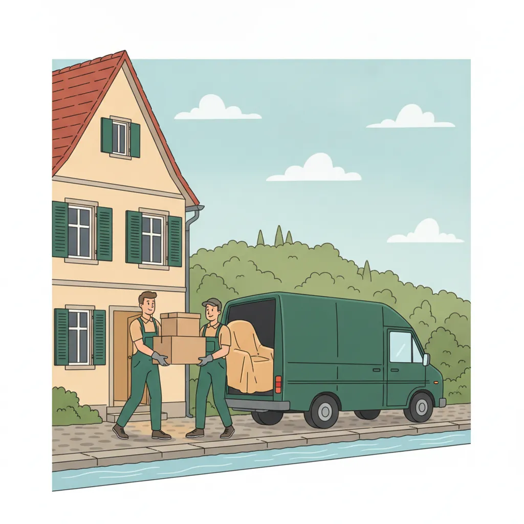 Comic-Illustration: zwei Träger räumen Kartons und Möbel aus einem Freiburger Altbau mit Bächle vor der Tür in einen geschlossenen Transporter – Wohnungsauflösung in Freiburg