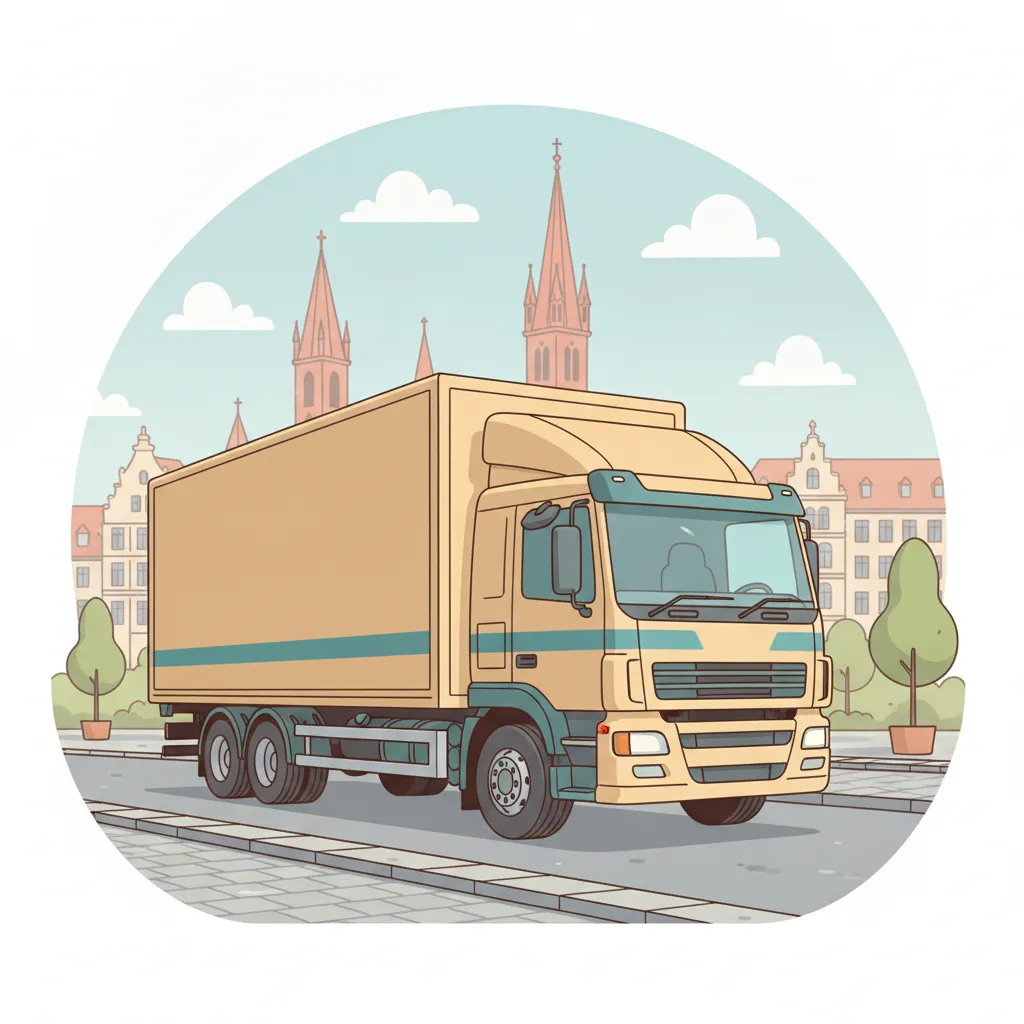 Comic-Illustration: geschlossener Umzugstransporter erreicht Basel – Beiladung von Freiburg nach Basel