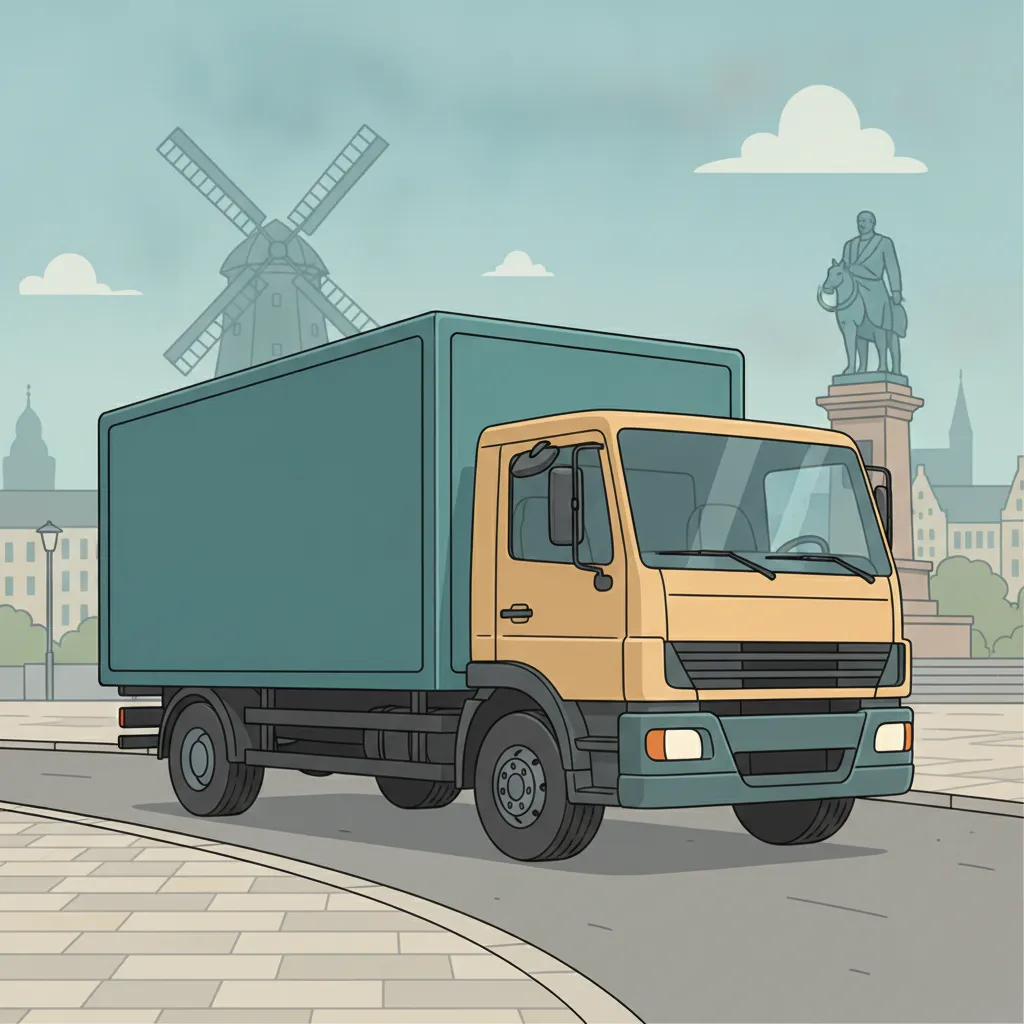 Comic-Illustration: geschlossener Umzugstransporter erreicht Bremen – Beiladung von Freiburg nach Bremen