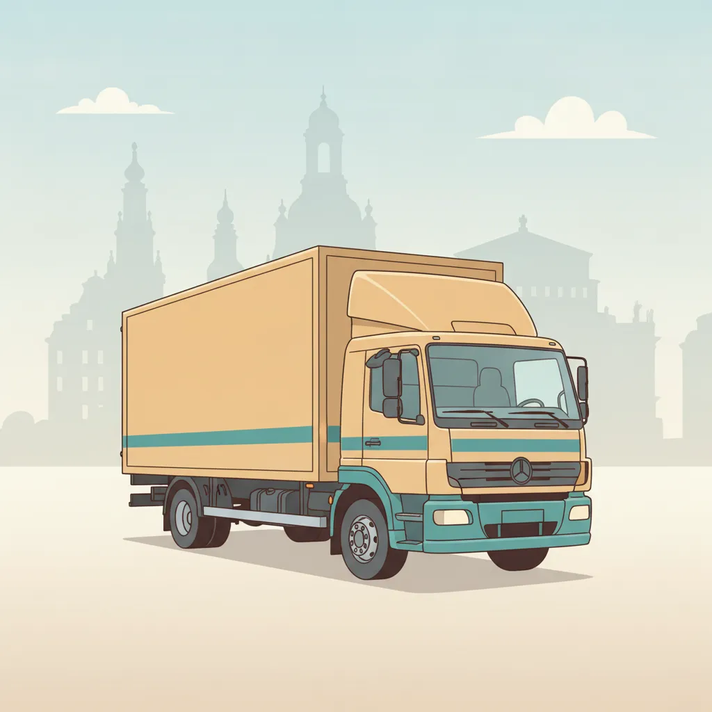 Comic-Illustration: geschlossener Umzugstransporter erreicht Dresden – Beiladung von Freiburg nach Dresden