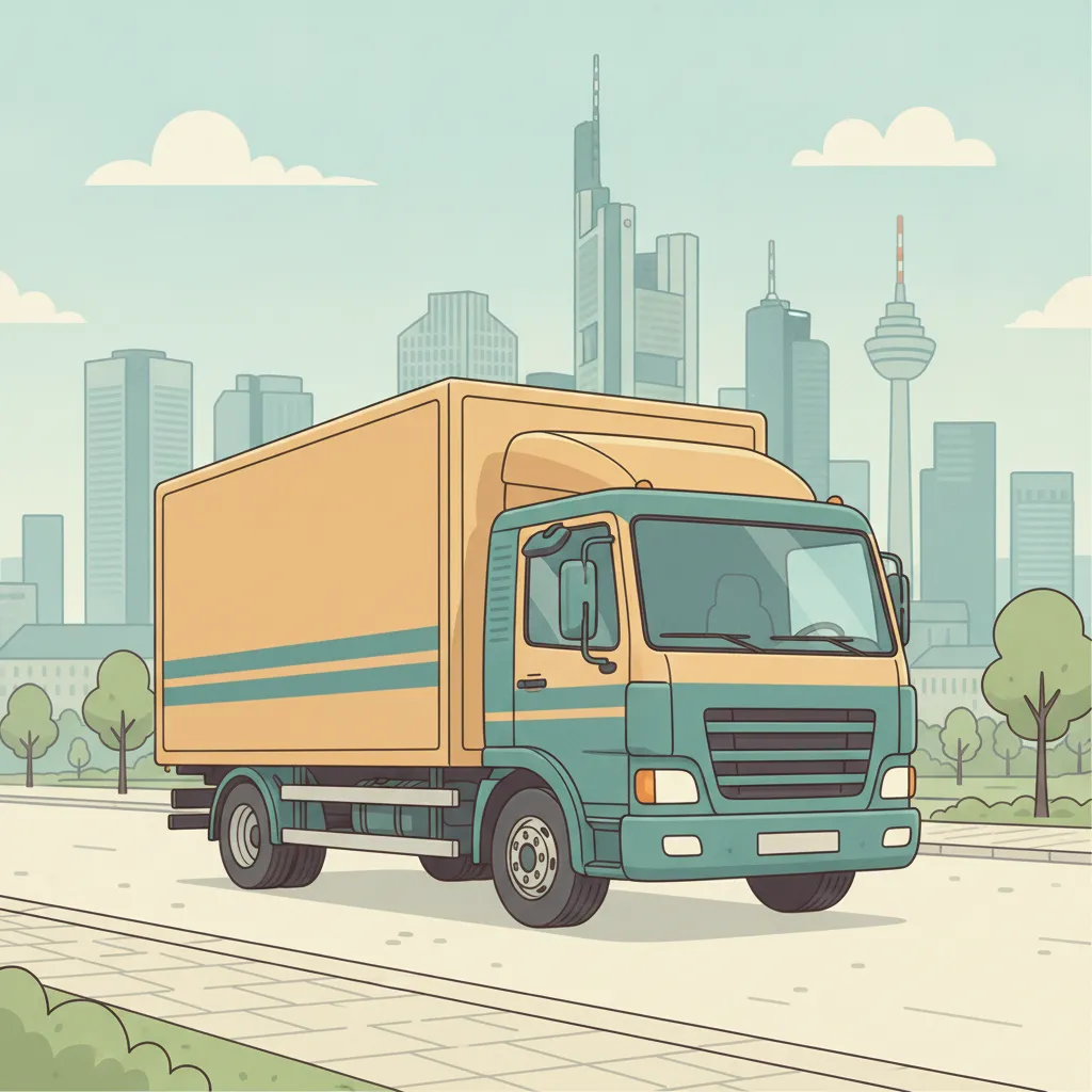 Comic-Illustration: geschlossener Umzugstransporter erreicht Frankfurt – Beiladung von Freiburg nach Frankfurt