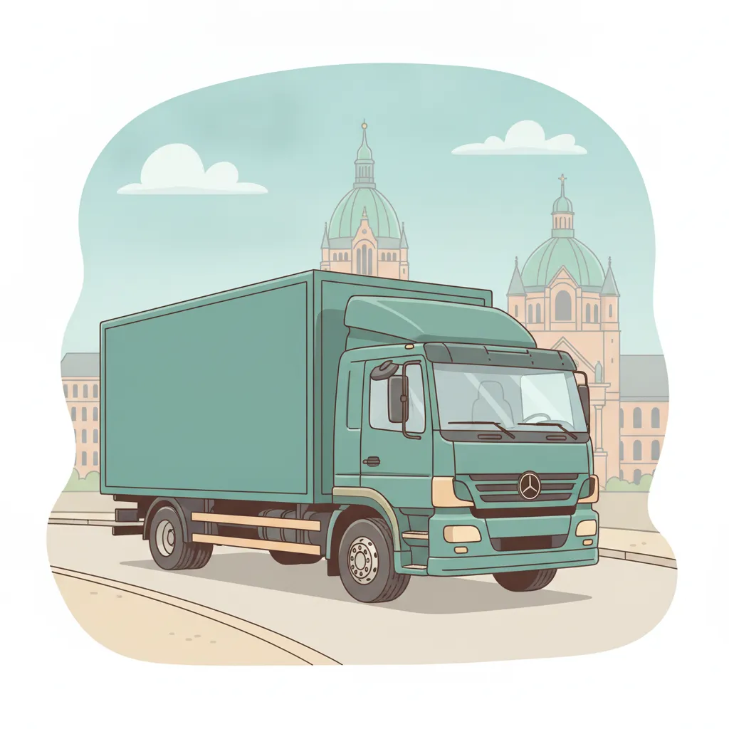 Comic-Illustration: geschlossener Umzugstransporter erreicht Hannover – Beiladung von Freiburg nach Hannover