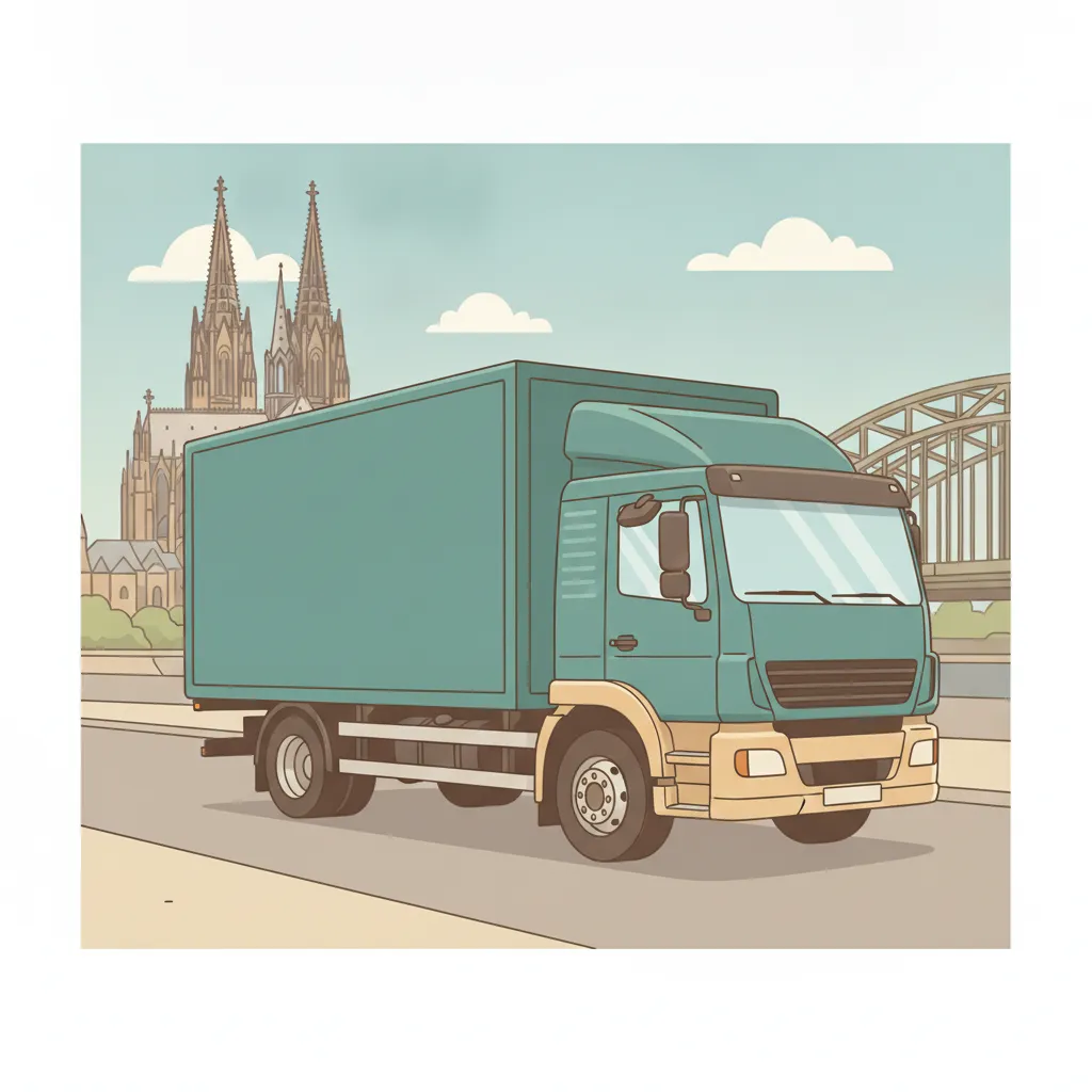 Comic-Illustration: geschlossener Umzugstransporter erreicht Köln – Beiladung von Freiburg nach Köln