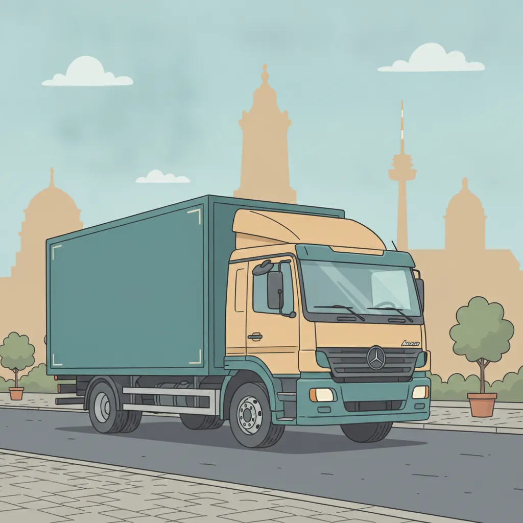 Comic-Illustration: geschlossener Umzugstransporter erreicht Leipzig – Beiladung von Freiburg nach Leipzig