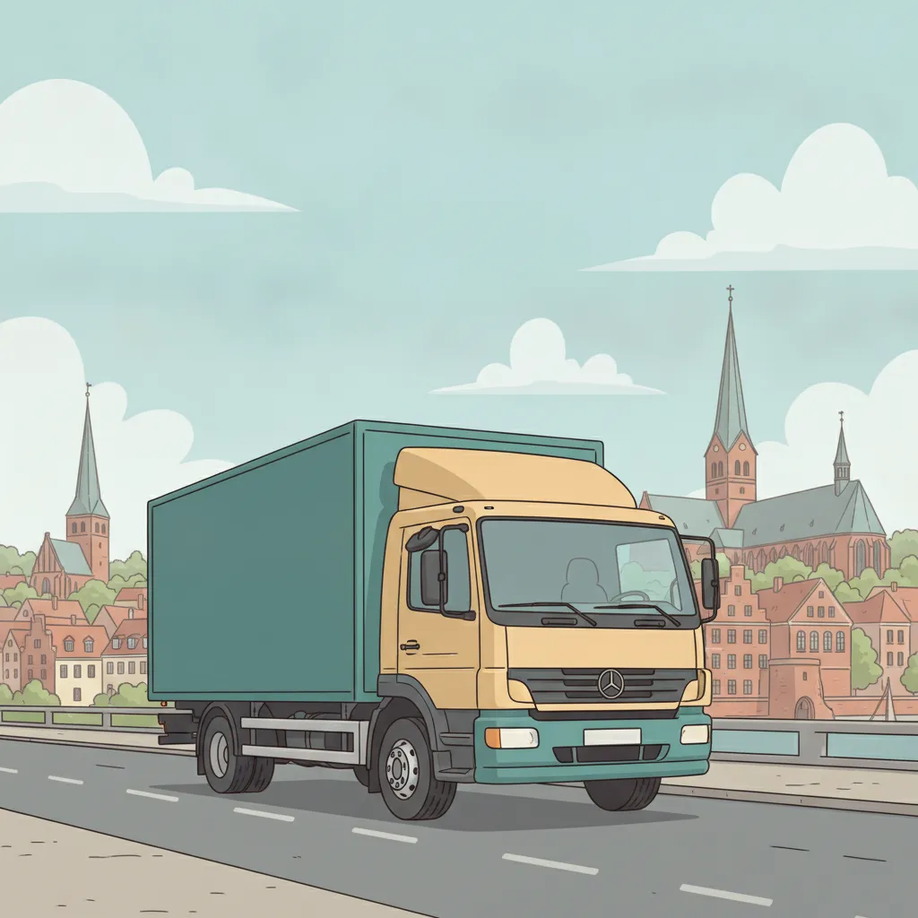 Comic-Illustration: geschlossener Umzugstransporter erreicht Lüneburg – Beiladung von Freiburg nach Lüneburg