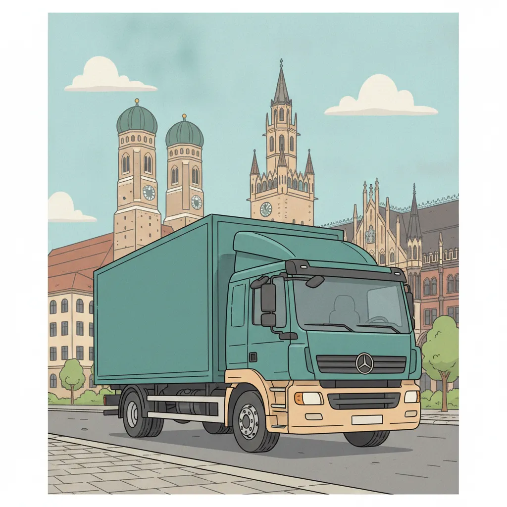 Comic-Illustration: geschlossener Umzugstransporter erreicht München – Beiladung von Freiburg nach München