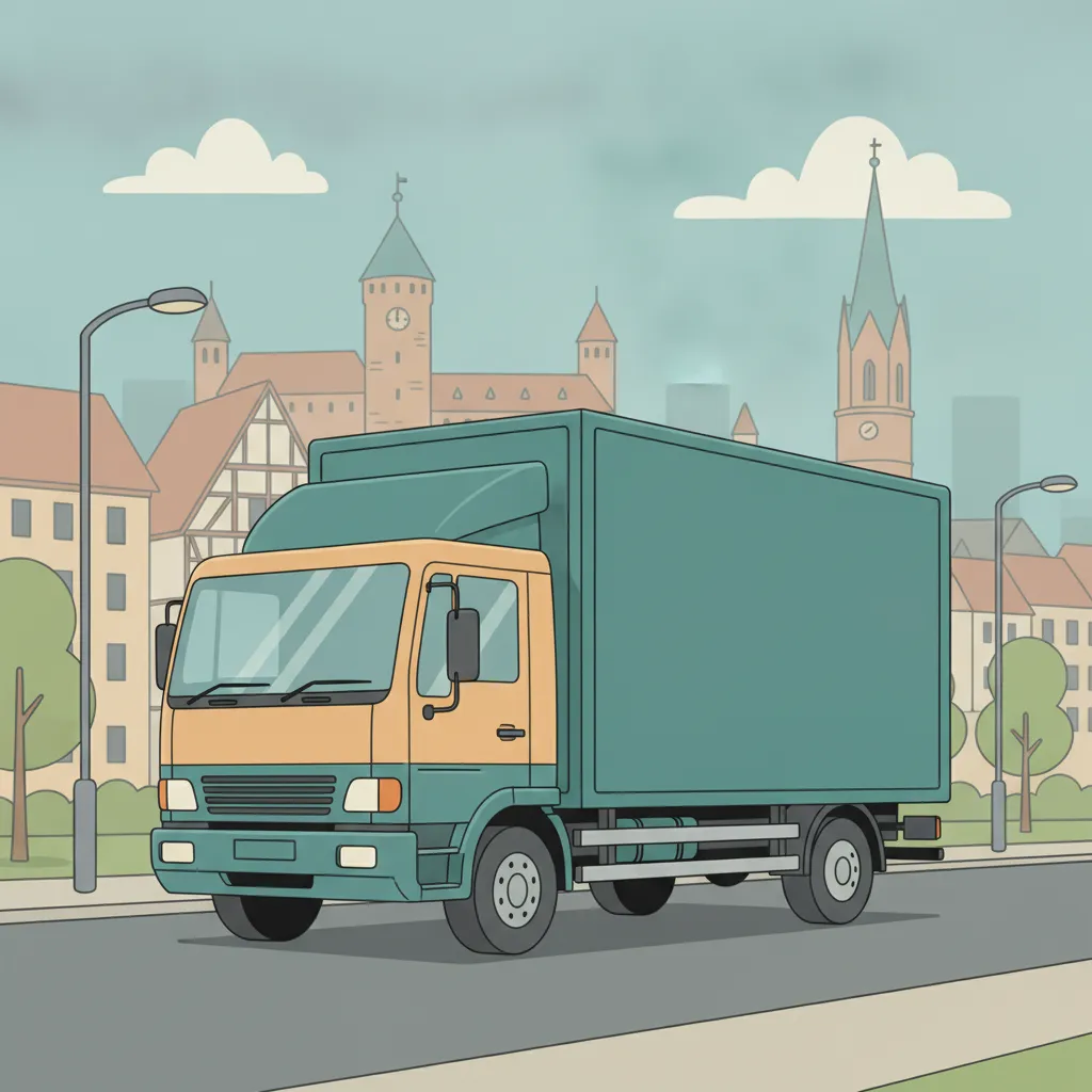 Comic-Illustration: geschlossener Umzugstransporter erreicht Nürnberg – Beiladung von Freiburg nach Nürnberg