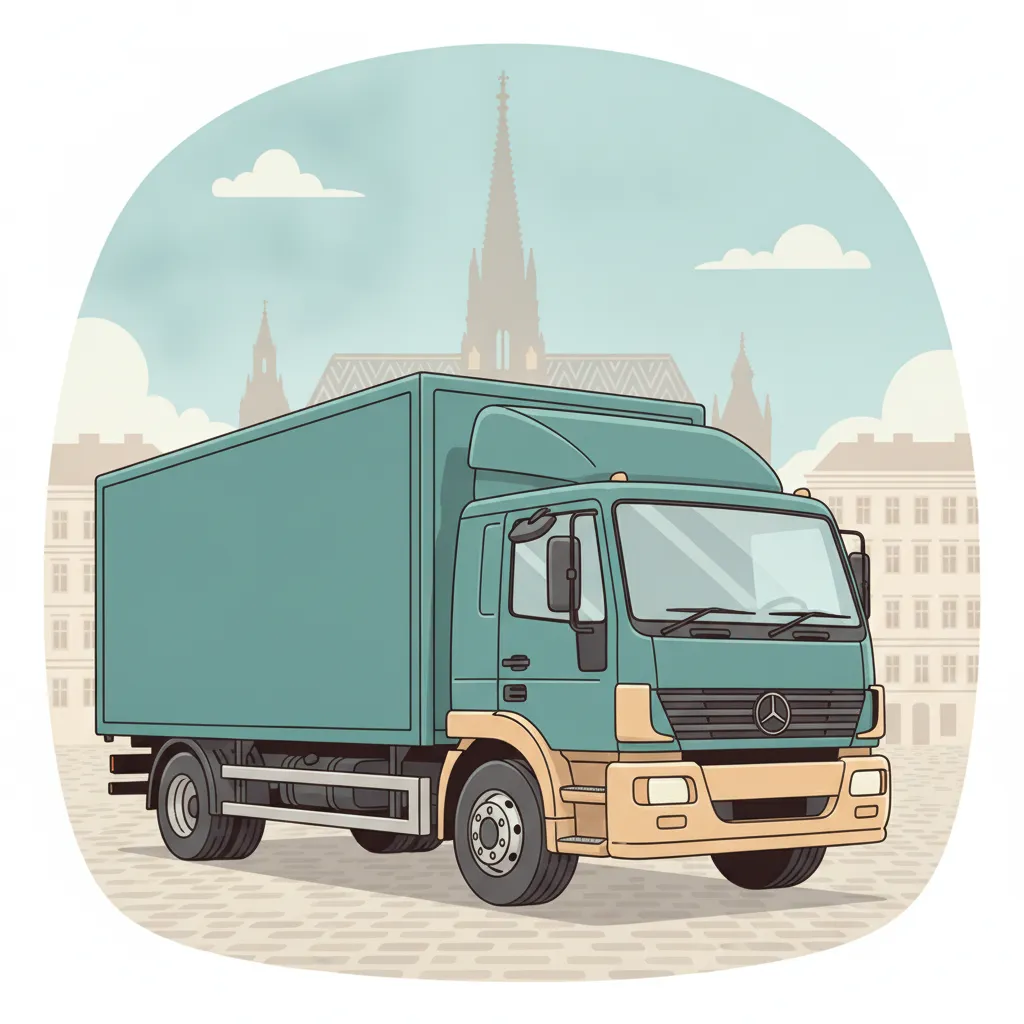 Comic-Illustration: geschlossener Umzugstransporter erreicht Wien – Beiladung von Freiburg nach Wien